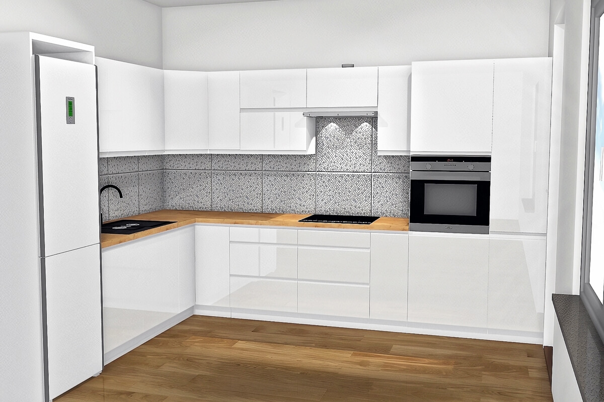 Wizualizacja nowoczesnej kuchni z białymi, lakierowanymi frontami, drewnianym blatem i szarymi płytkami na ścianie, widok na zabudowę kuchenną z lodówką, zlewem, płytą grzewczą i piekarnikiem.