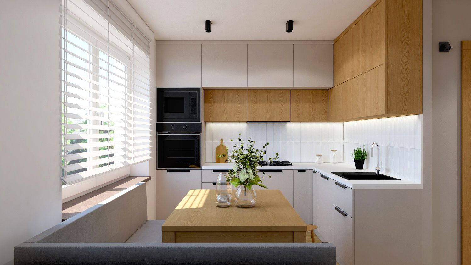 Jasna kuchnia z drewnianymi akcentami, oświetleniem LED pod szafkami i drewnianym stołem z wazonem kwiatów, widok z perspektywy sofy.