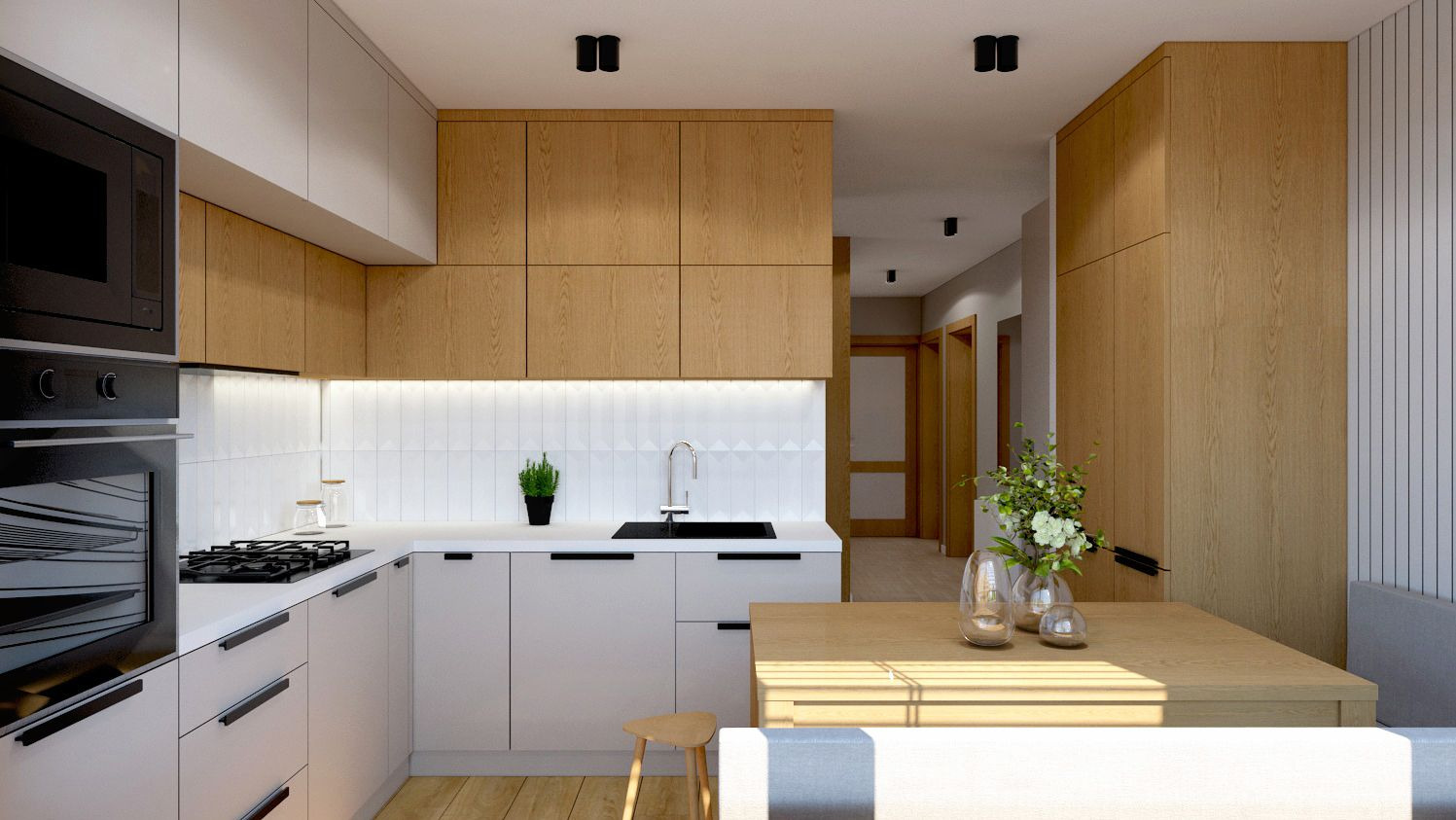 Wizualizacja nowoczesnej kuchni z drewnianymi i białymi szafkami, czarnym zlewem i sprzętem AGD, oświetleniem LED pod szafkami wiszącymi oraz stołem z dekoracjami kwiatowymi w tle.