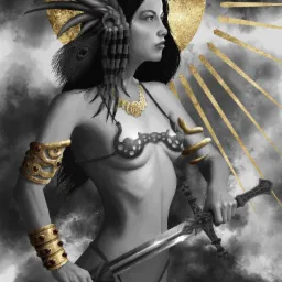 Cyfrowa ilustracja kobiety w stylu fantasy z piórami, biżuterią i mieczem na tle chmur i złotego słońca.