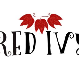 Dark Moon Studio - Eleganckie logo 'Red Ivy' z trzema czerwonymi liśćmi bluszczu nad napisem, na białym tle.