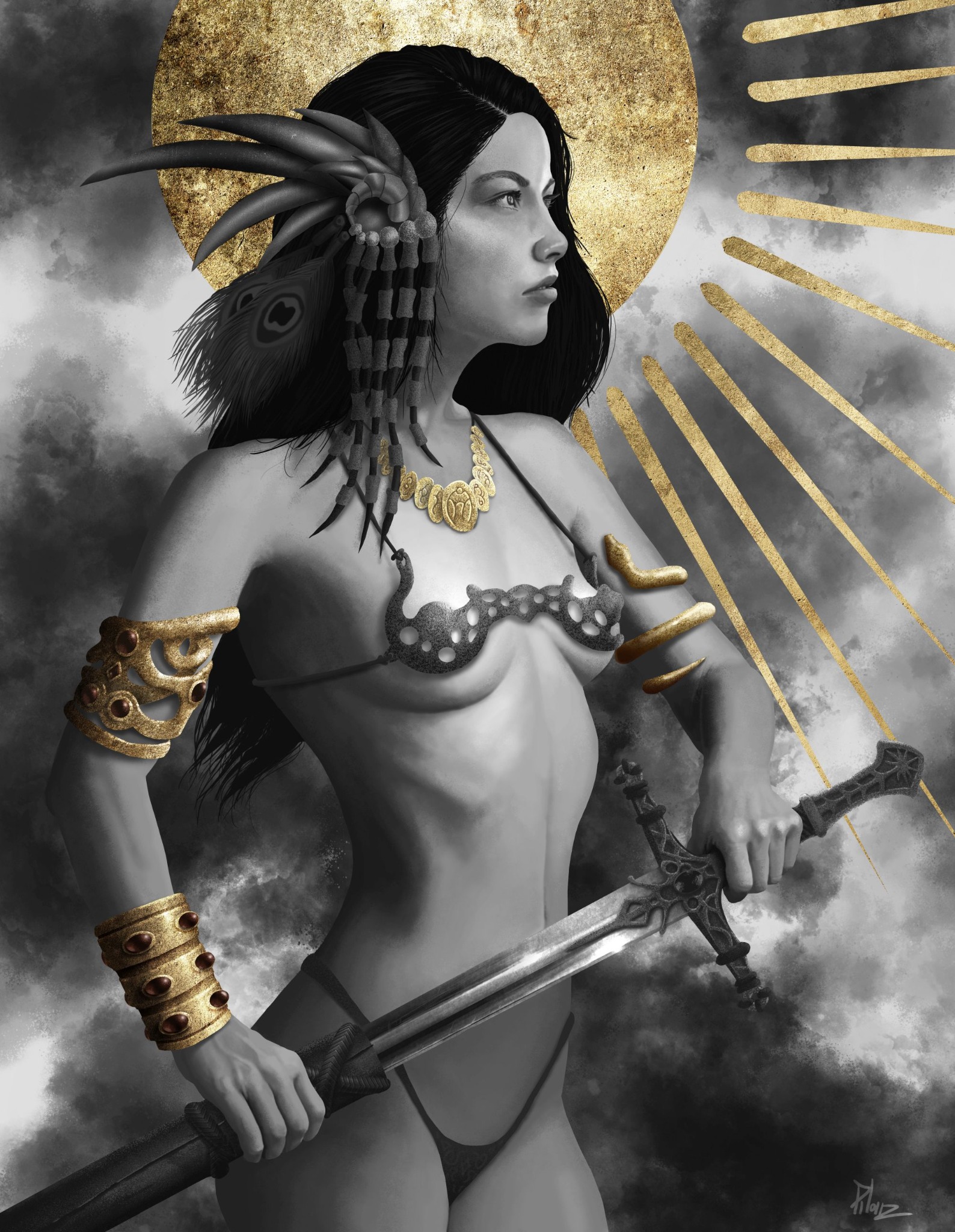 Cyfrowa ilustracja kobiety w stylu fantasy z piórami, biżuterią i mieczem na tle chmur i złotego słońca.