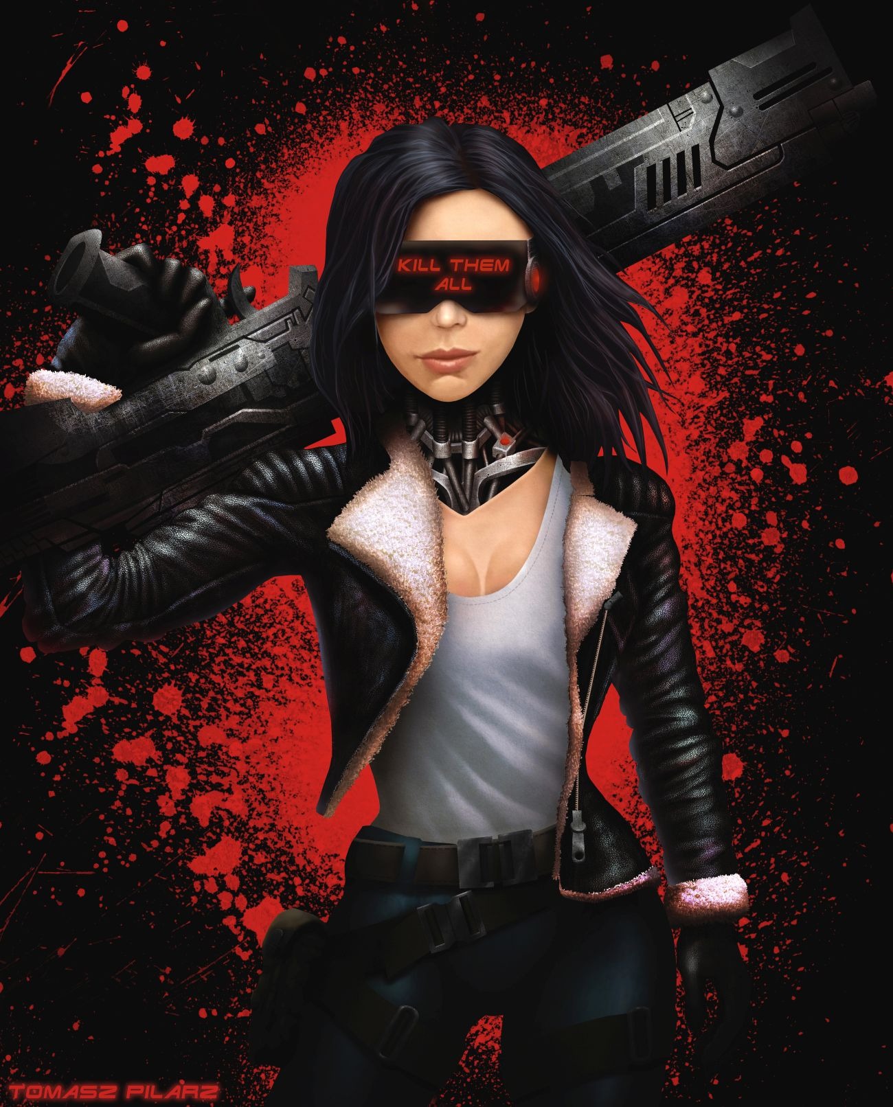 Cybergoth dziewczyna z mechaniczną szyją, trzymająca futurystyczny karabin na tle czerwonych plam, tekst 'KILL THEM ALL' na okularach.
