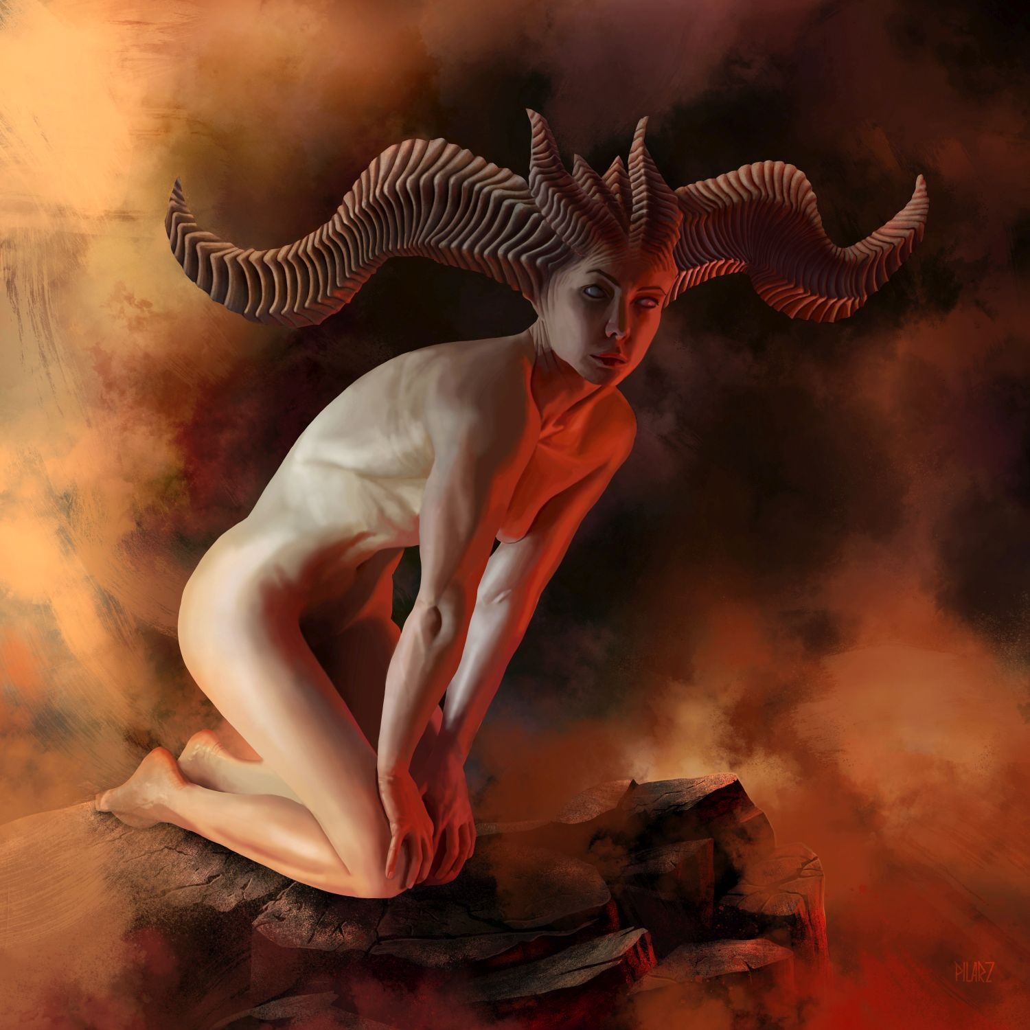 Cyfrowa ilustracja kobiety z rogami w artystycznym stylu fantasy, klęczącej na skale na tle czerwono-pomarańczowego nieba.