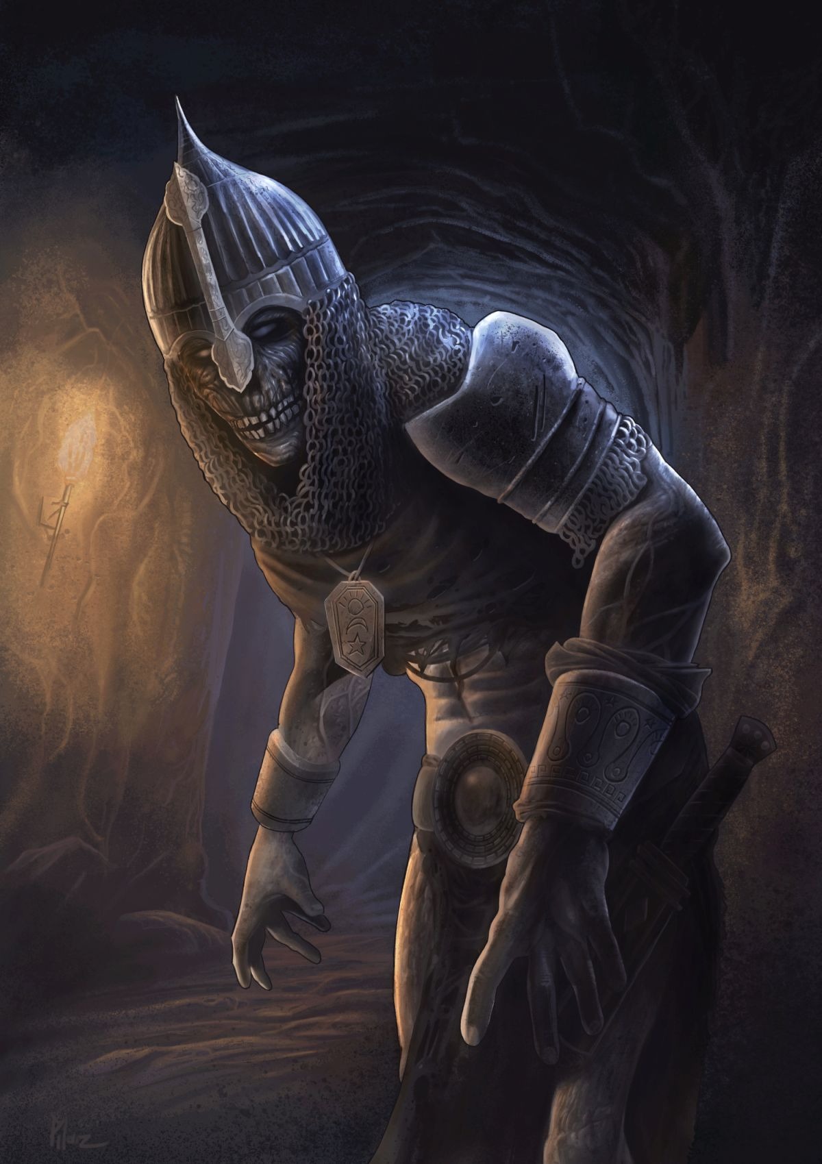 Mroczna ilustracja przedstawiająca upiora w zbroi z kolczugi, trzymającego miecz w ciemnej jaskini oświetlonej pochodnią.