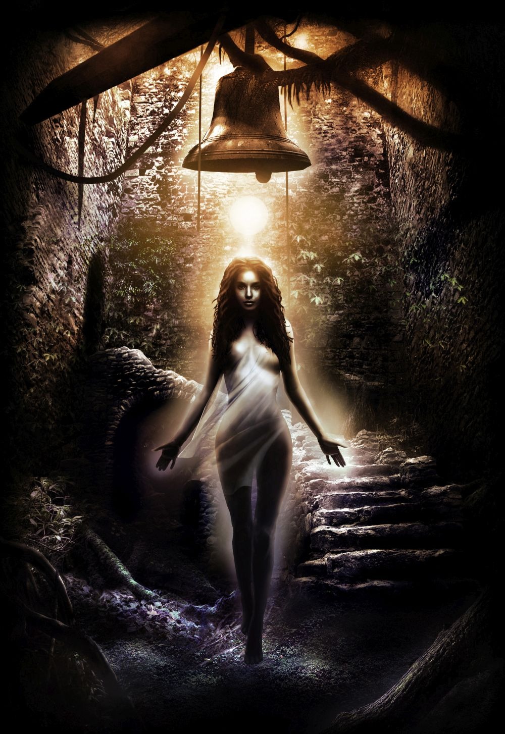 Digitalna ilustracja kobiety w zwiewnej szacie pod dzwonem w tajemniczym, leśnym otoczeniu z kamiennymi schodami.