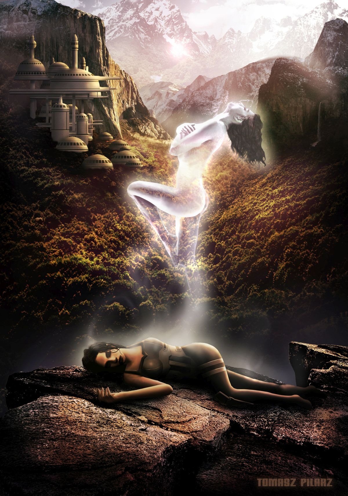 Fantastyczna wizja: kobieta leżąca na skale, z której unosi się jej duch w kierunku futurystycznego miasta w górach, oświetlonego promieniami słońca.
