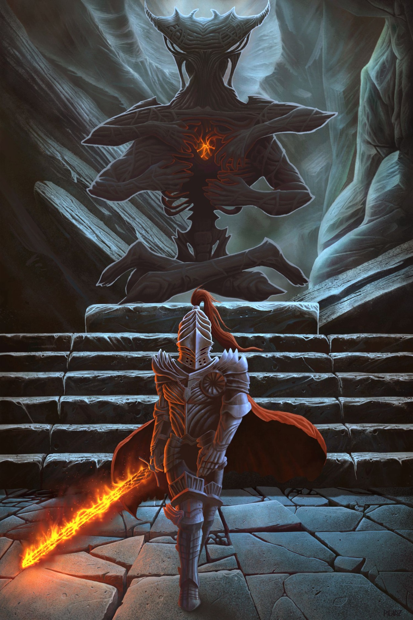 Cyfrowa ilustracja przedstawia rycerza w zbroi, z płonącym mieczem, stojącego na kamiennych schodach naprzeciwko lewitującej, abstrakcyjnej postaci z geometrycznymi elementami i jarzącym się...