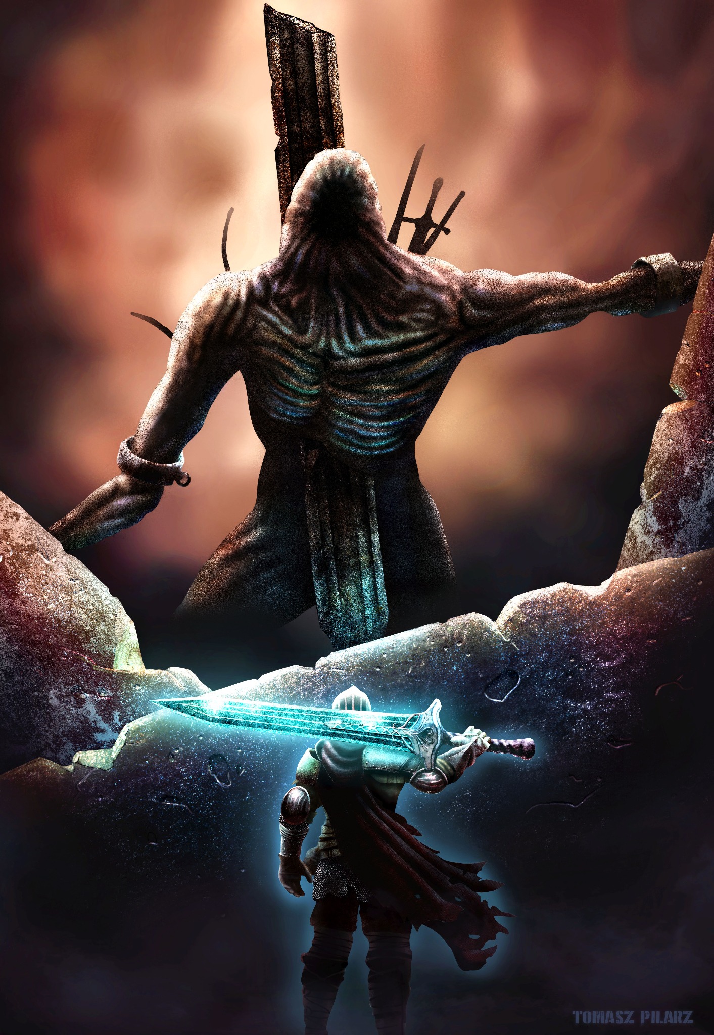 Cyfrowa ilustracja przedstawiająca rycerza z mieczem w jaskini spoglądającego na gigantyczną postać z tyłu, przybitą do drewnianej konstrukcji na tle pomarańczowego nieba.