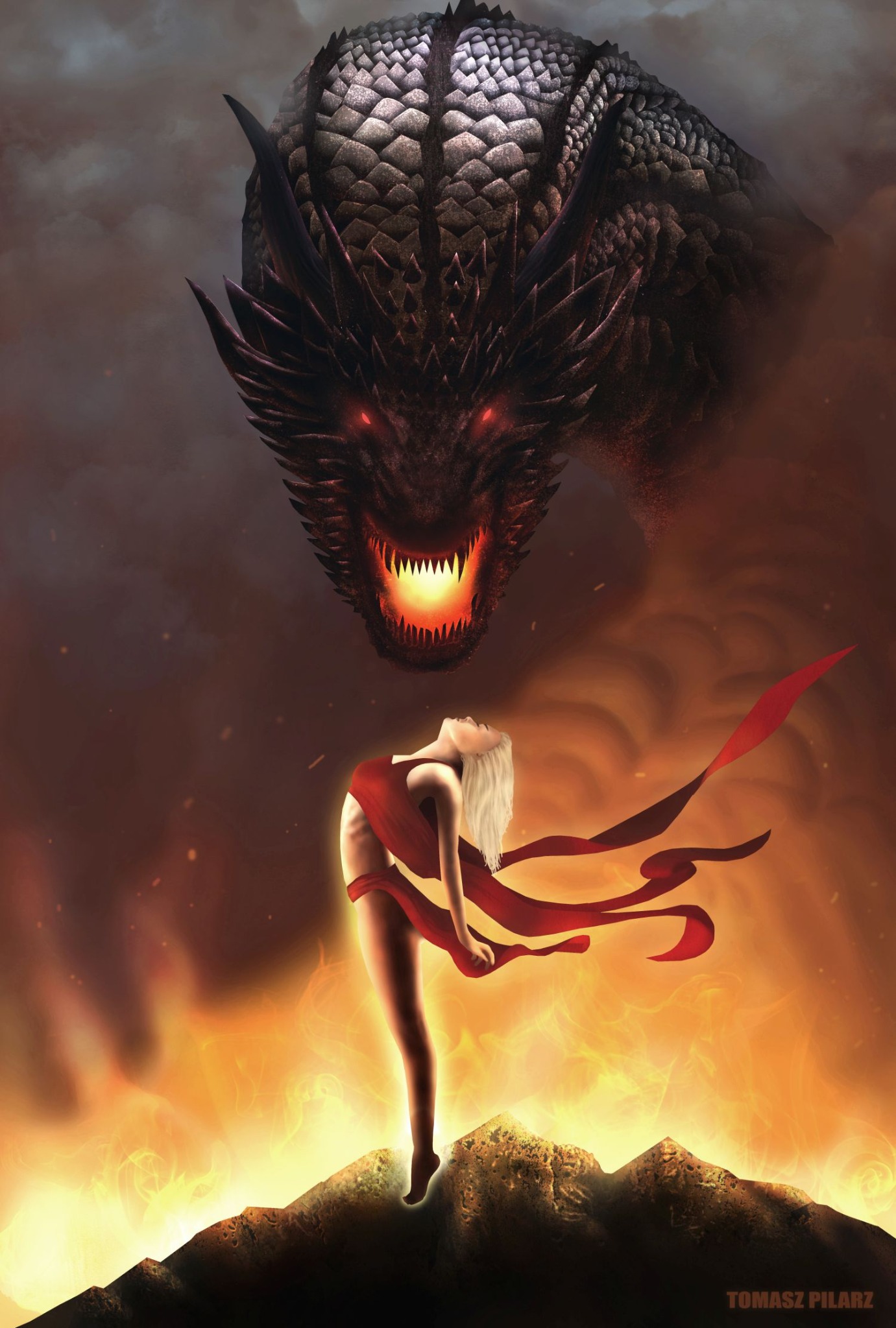Cyfrowa ilustracja przedstawiająca smoka z płonącymi oczami nad kobietą w czerwonej szacie na tle ognia i dymu.