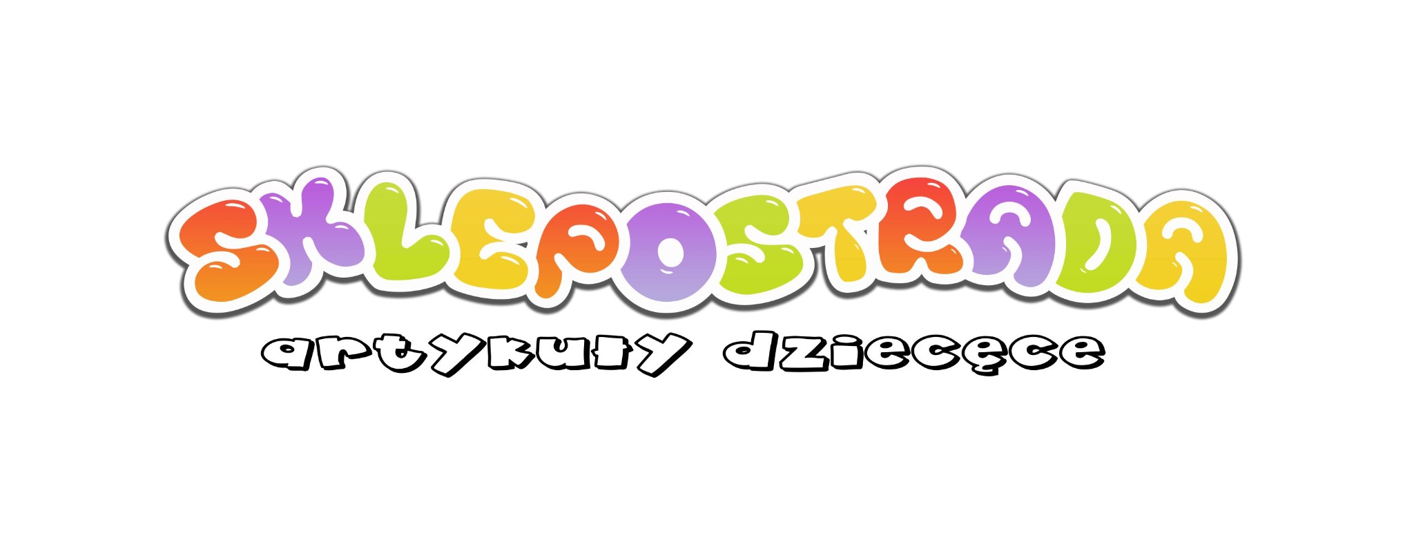 Kolorowe logo 'SKLEPOSTRADA' z napisem 'artykuły dziecięce' poniżej, w stylu cartoon.