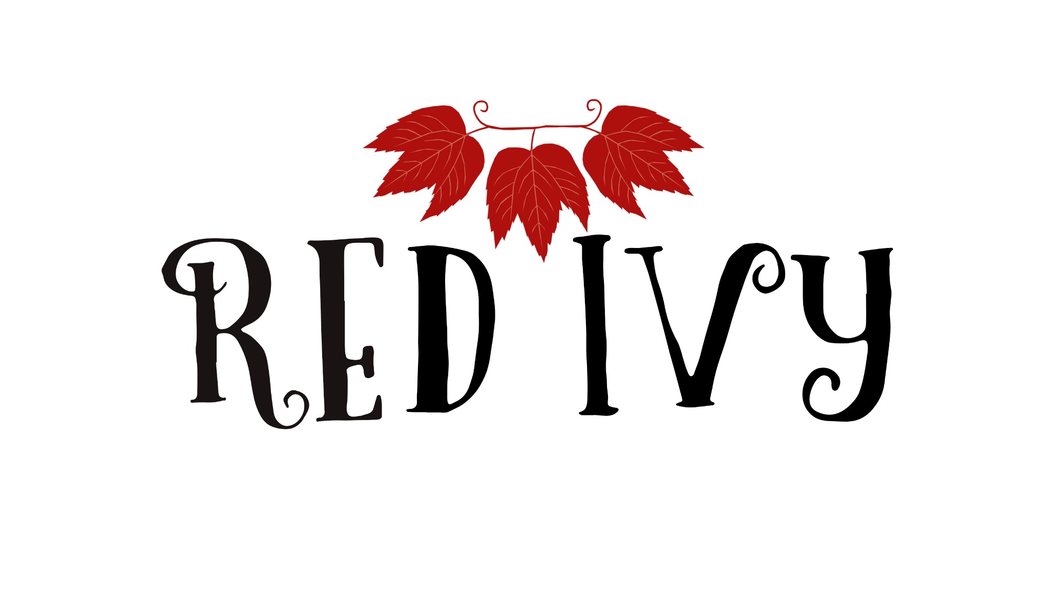 Eleganckie logo 'Red Ivy' z trzema czerwonymi liśćmi bluszczu nad napisem, na białym tle.