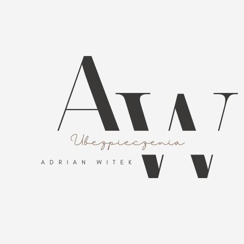 Eleganckie logo firmy ubezpieczeniowej Adrian Witek, z wykorzystaniem stylizowanych liter A, W i T w kolorze ciemnoszarym oraz napisem 'Ubezpieczenia' w kolorze beżowym.