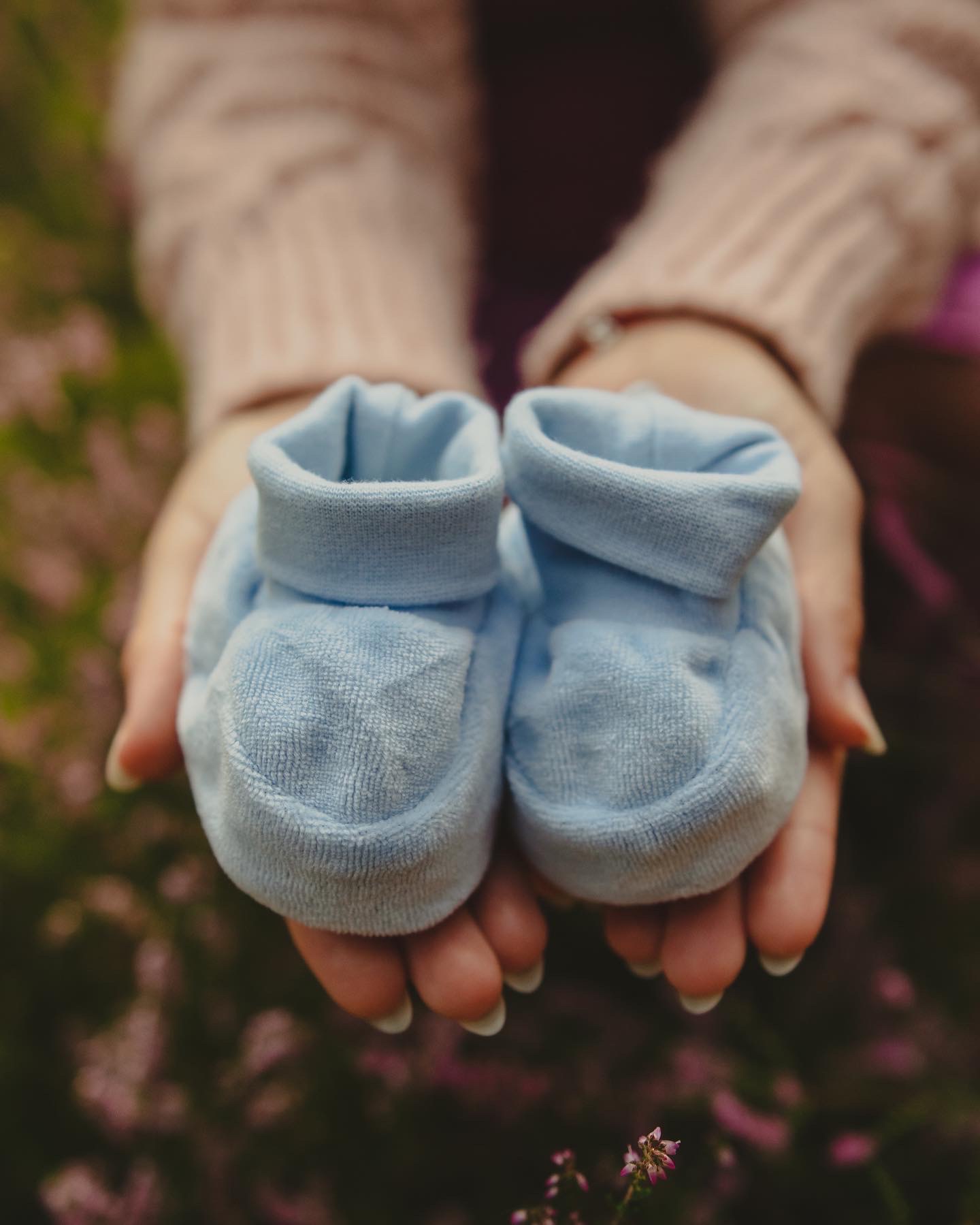 Dłonie kobiety trzymają parę błękitnych, miękkich bucików niemowlęcych na tle kwitnącego wrzosu.