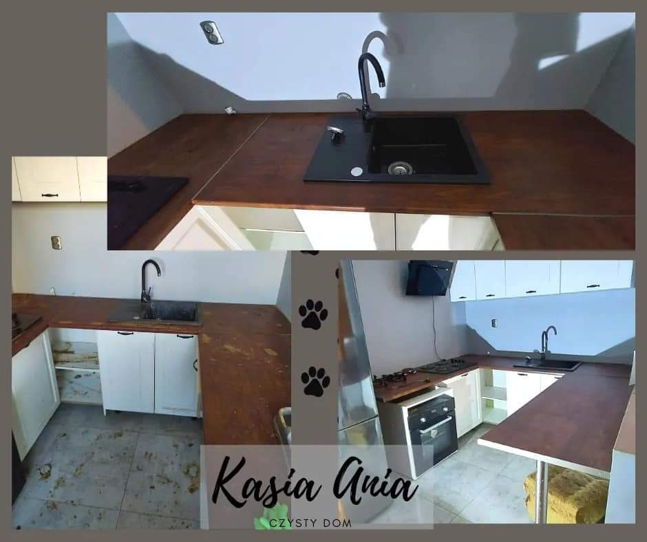 Kolaż przedstawia brudną kuchnię przed sprzątaniem, z otwartymi szafkami, brudną podłogą i blatem, oraz fragment blatu z czarnym zlewem po sprzątaniu.