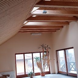 Darek - Przestronne poddasze z drewnianym wykończeniem sufitu, świeżo położona szara glazura podłogowa z wzorem, duże okna balkonowe i roślina doniczkowa w słoneczny dzień.