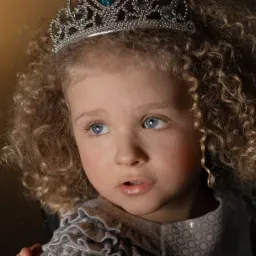 Portret małej dziewczynki z kręconymi włosami i tiarą na głowie, wykonany w Przemyślu z delikatnym oświetleniem.