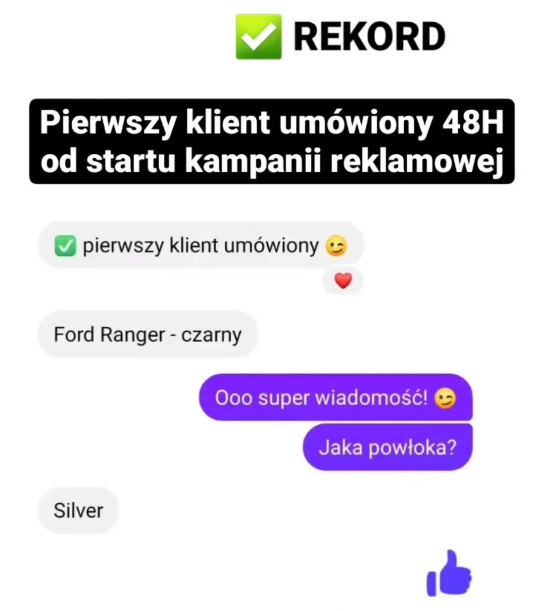 Nasz Rekord. Pierwszy klient pozyskany w 48h od startu kampanii reklamowej. Usługa na kwotę 2500 zł.