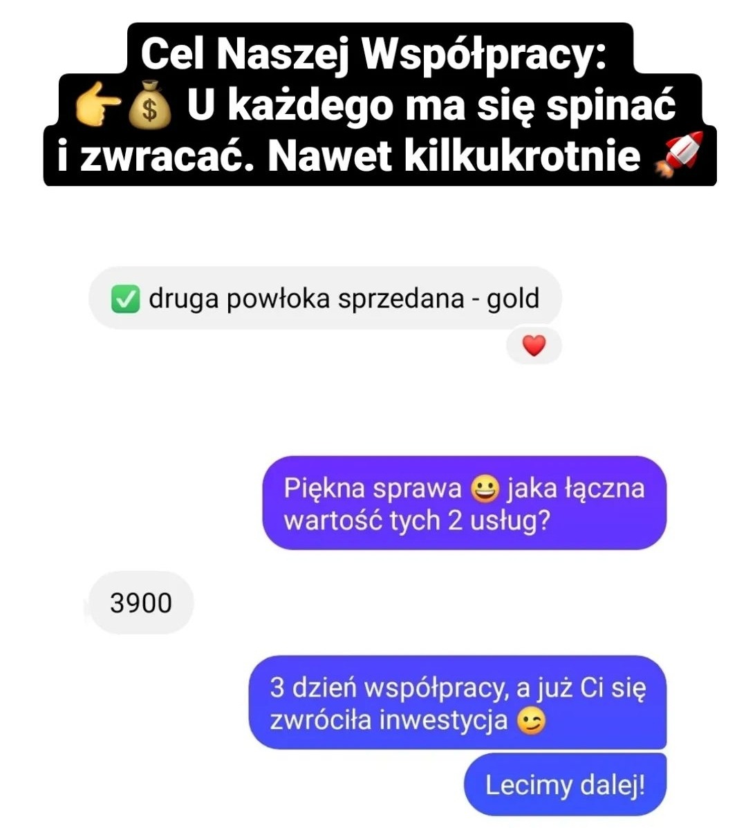 Zrzut ekranu czatu przedstawiający obietnicę zwrotu z inwestycji i szybki zysk po 3 dniach współpracy, z emotikonami i informacją o sprzedaży.