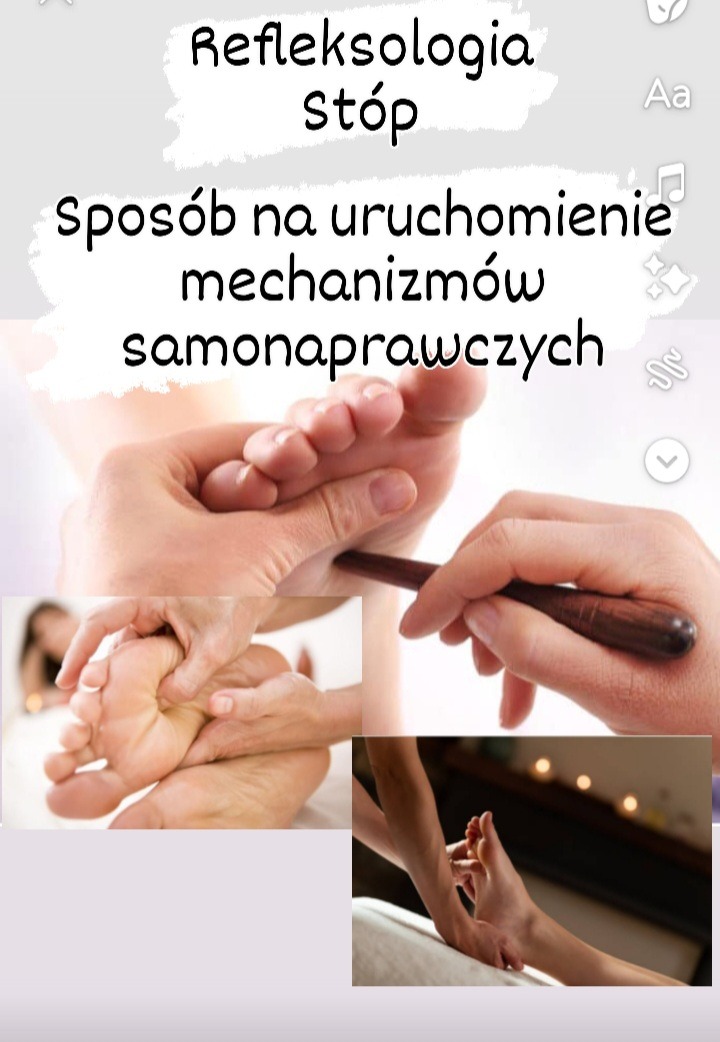 Refleksologia stóp: terapia manualna dłonią i drewnianym przyrządem na różnych ujęciach, mająca na celu uruchomienie mechanizmów samonaprawczych organizmu.