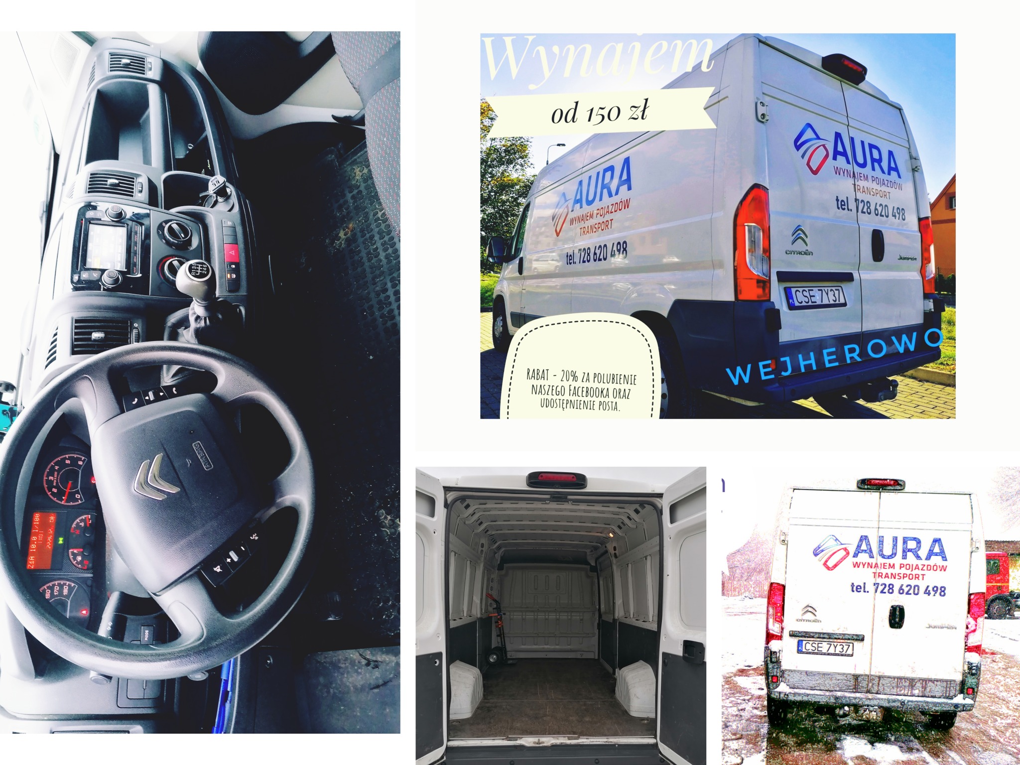 Kolaż zdjęć białego busa Citroen Jumper firmy Aura Wynajem Pojazdów Transport z reklamą wynajmu od 150 zł, widok z kabiny kierowcy, pusta przestrzeń ładunkowa oraz tył pojazdu z numerem...