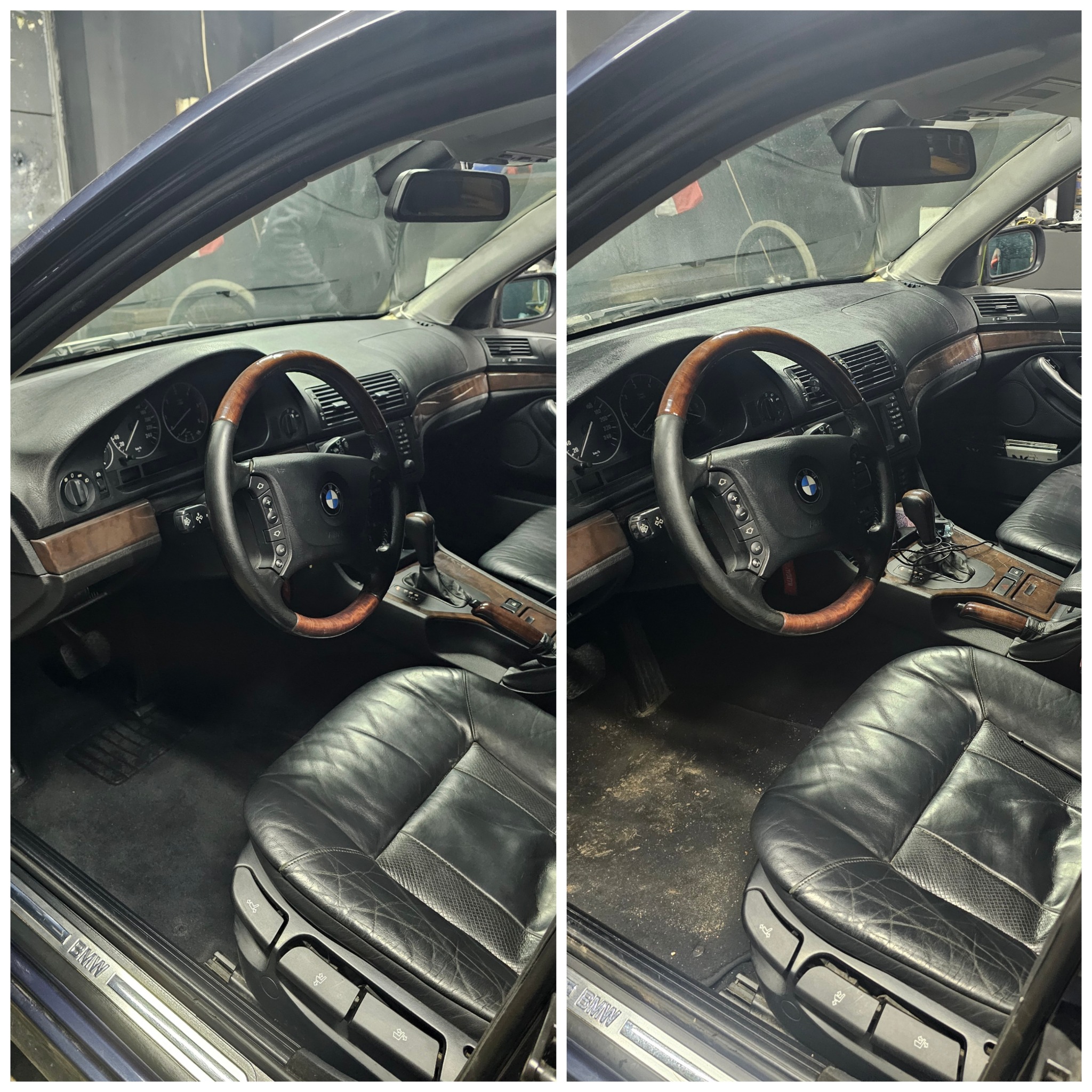 Wnętrze samochodu BMW serii 5 E39 przed i po czyszczeniu: widoczna różnica w czystości dywaników, skórzanych foteli i konsoli środkowej.