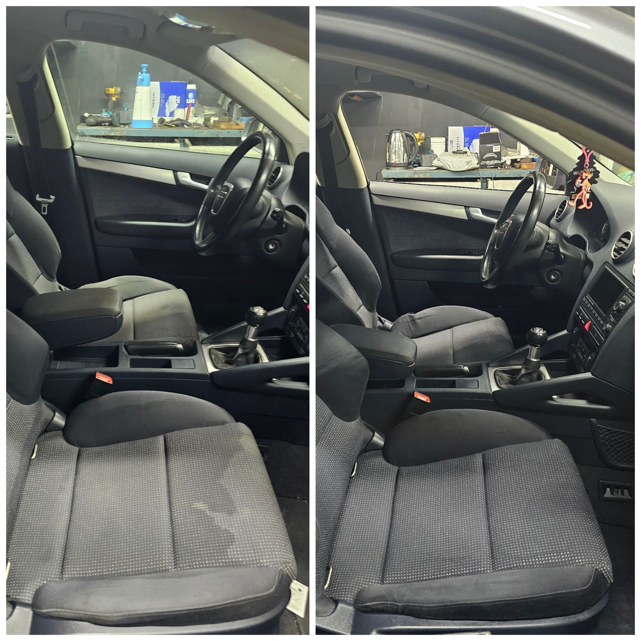Porównanie wnętrza Audi A3 przed i po czyszczeniu tapicerki, widoczne różnice na fotelu kierowcy, desce rozdzielczej i konsoli środkowej.