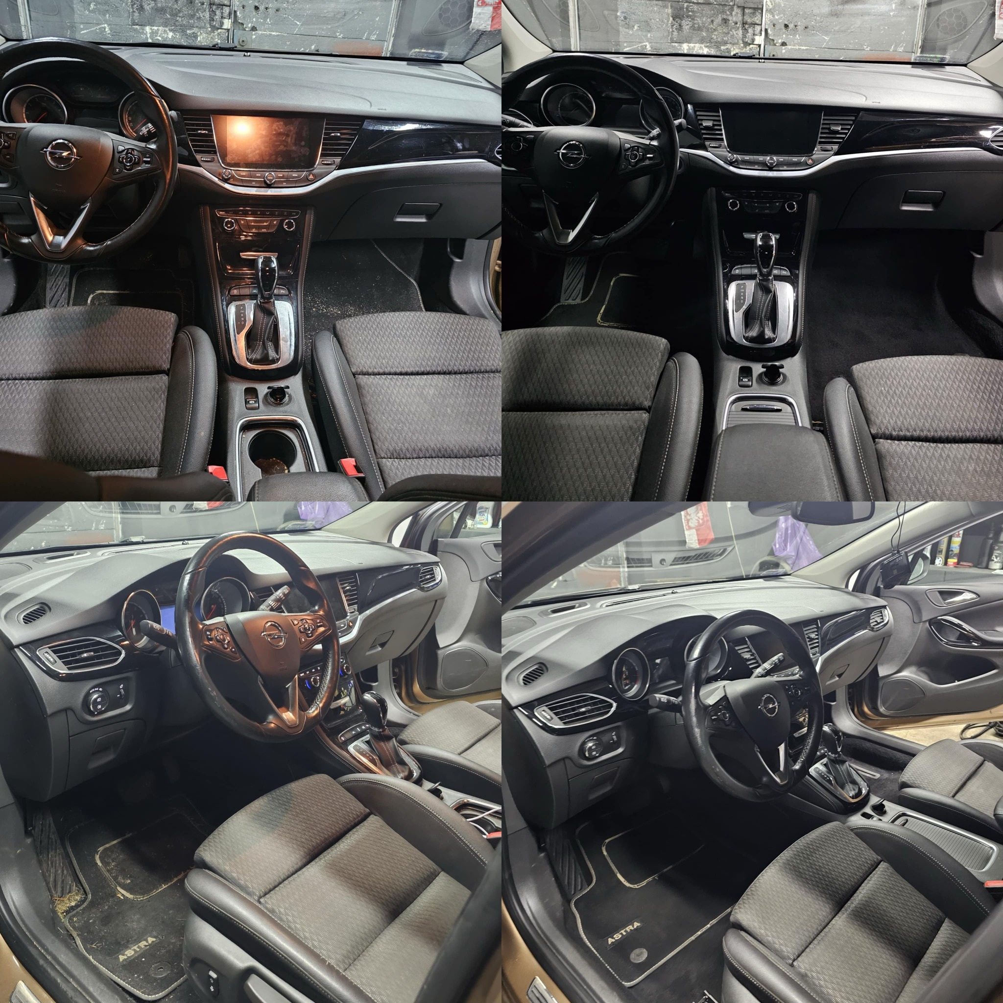 Wnętrze samochodu Opel Astra, widoczne deska rozdzielcza, kierownica z logo, fotele z tapicerką w odcieniach szarości, dywaniki z napisem Astra, konsola środkowa z dźwignią zmiany biegów, zdjęcia...