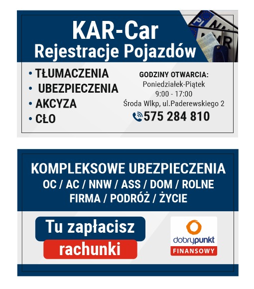 Ogłoszenie firmy KAR-Car oferującej rejestrację pojazdów, tłumaczenia, ubezpieczenia, akcyzę, cło oraz kompleksowe ubezpieczenia OC/AC/NNW/ASS/DOM/ROLNE/FIRMA/PODRÓŻ/ŻYCIE z możliwością płacenia...