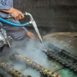 Pracownik w kombinezonie roboczym czyści metalowe wałki za pomocą strumienia z dyszy pod ciśnieniem, unoszący się pył i zabrudzenia.