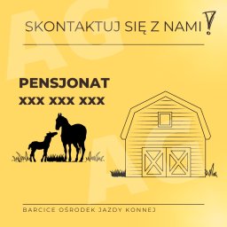Anna Głaczyńska Pet Lovers - Grafika reklamowa pensjonatu dla koni z sylwetkami koni i stajni na żółtym tle.