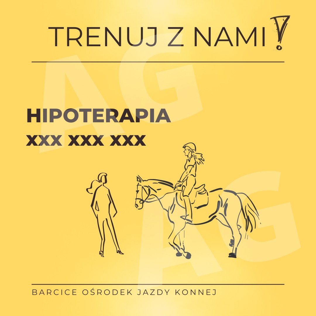 Żółty plakat reklamowy z grafiką liniową przedstawiającą hipoterapię, hasłem 'Trenuj z nami!' i nazwą ośrodka jeździeckiego.