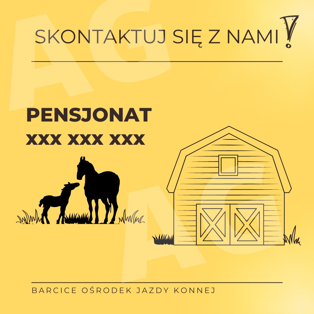 Grafika reklamowa pensjonatu dla koni z sylwetkami koni i stajni na żółtym tle.