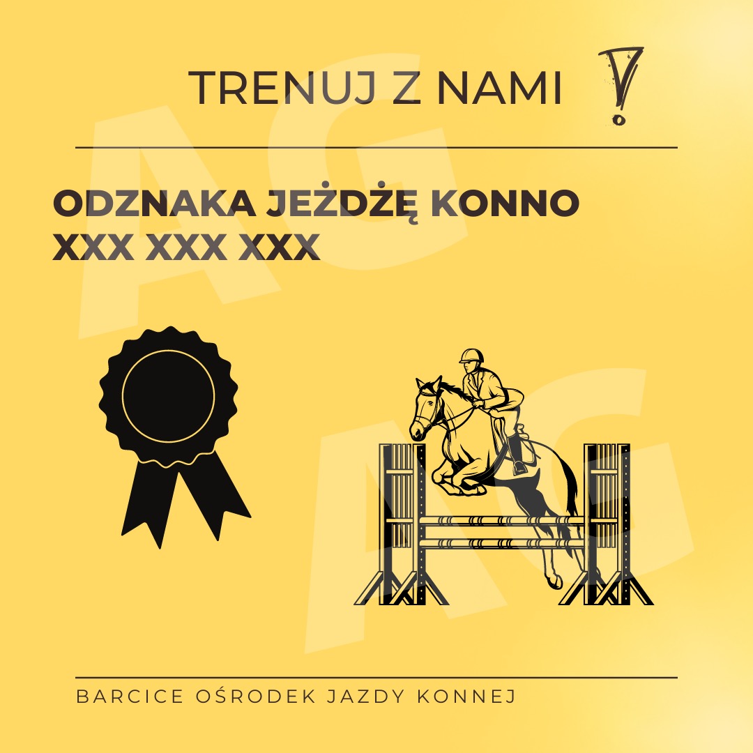 Grafika z napisem 'Trenuj z nami', odznaką i ilustracją jeźdźca na koniu skaczącego przez przeszkodę, w stylu minimalistycznym na żółtym tle.
