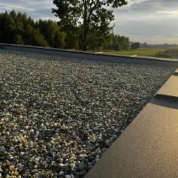 Dach pokryty drobnym żwirem w słoneczny dzień, widoczne metalowe obramowanie dachu, drzewa i pole w tle.