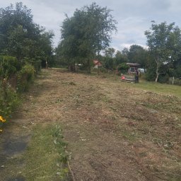 Firma Handlowo-Usługowa Dominik Smarzoch - Teren po wycince drzew z widocznym pracownikiem i stertą pociętych gałęzi, w tle zabudowania gospodarcze.