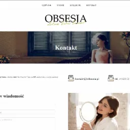 Fragment strony internetowej z nagłówkiem 'Kontakt', logo 'Obsesja Suknie Ślubne Jasło', zdjęcie kobiety w sukni i formularz kontaktowy.