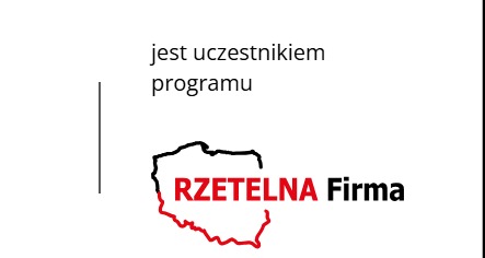 Logo 'Rzetelna Firma' z konturem mapy Polski, informujące o udziale w programie.