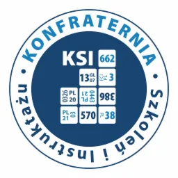 Logo Konfraterni KSI Szkoleń i Instruktazu z numerami certyfikatów wewnątrz niebieskiego okręgu.