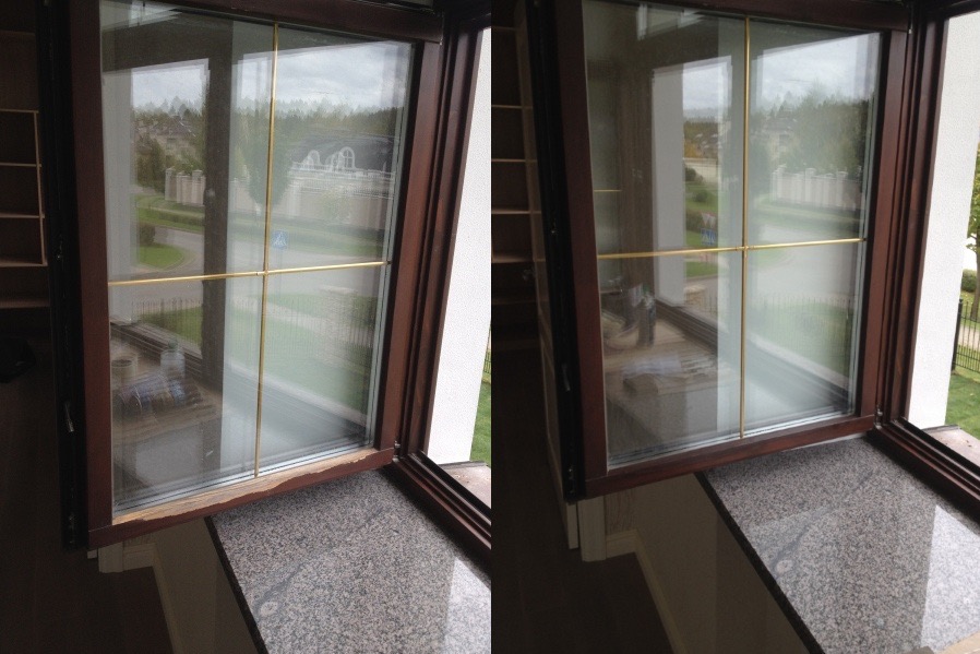 Okna PCV przed i po renowacji w Poznaniu. Brązowa rama, widoczne uszkodzenia przed naprawą, gładka powierzchnia po. Widok na zewnątrz, budynki i zieleń.