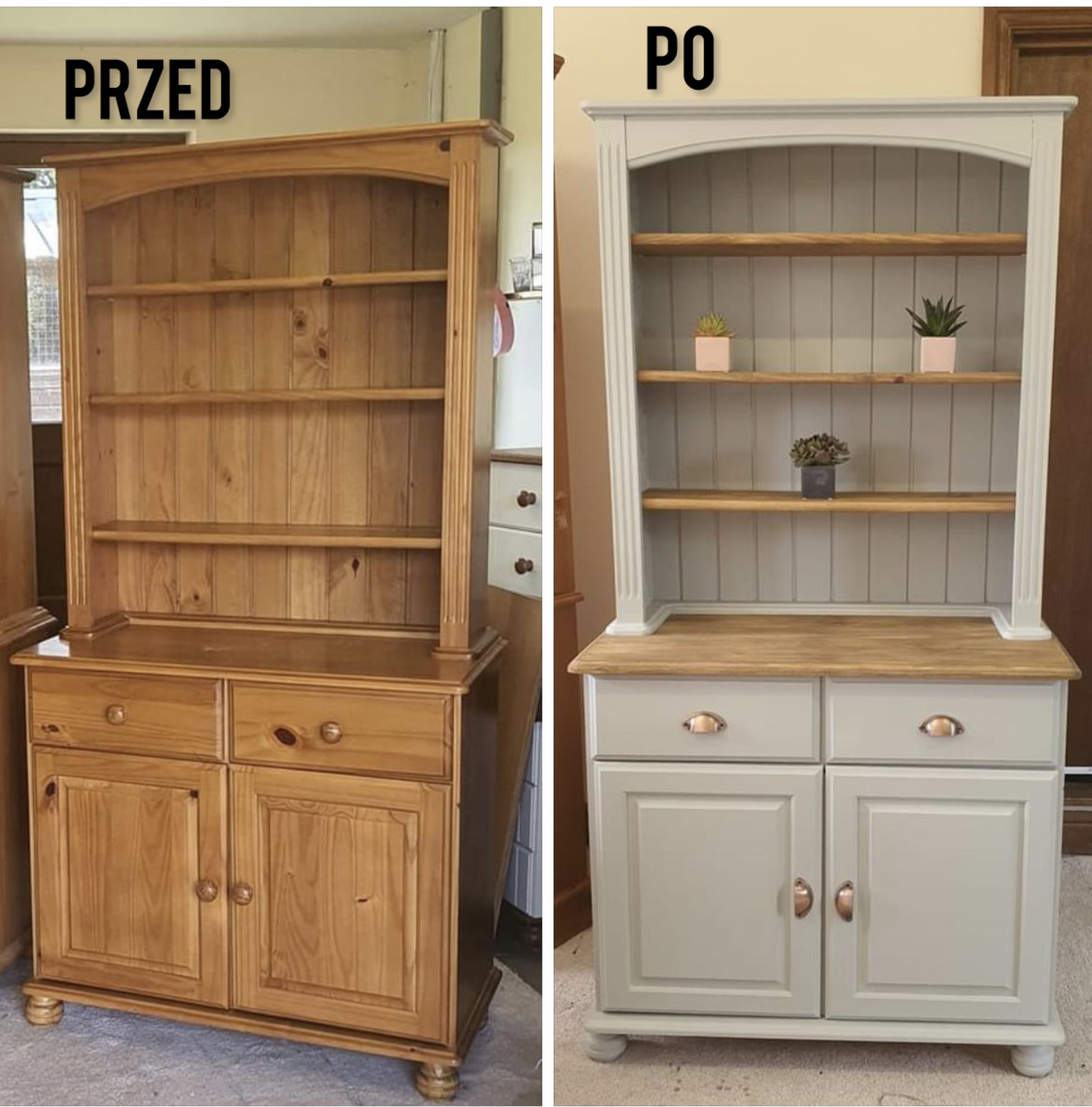 Drewniany kredens przed i po renowacji: od surowego drewna do szarej farby z zachowanym blatem. Widoczne detale: nowe uchwyty i dekoracje na półkach.