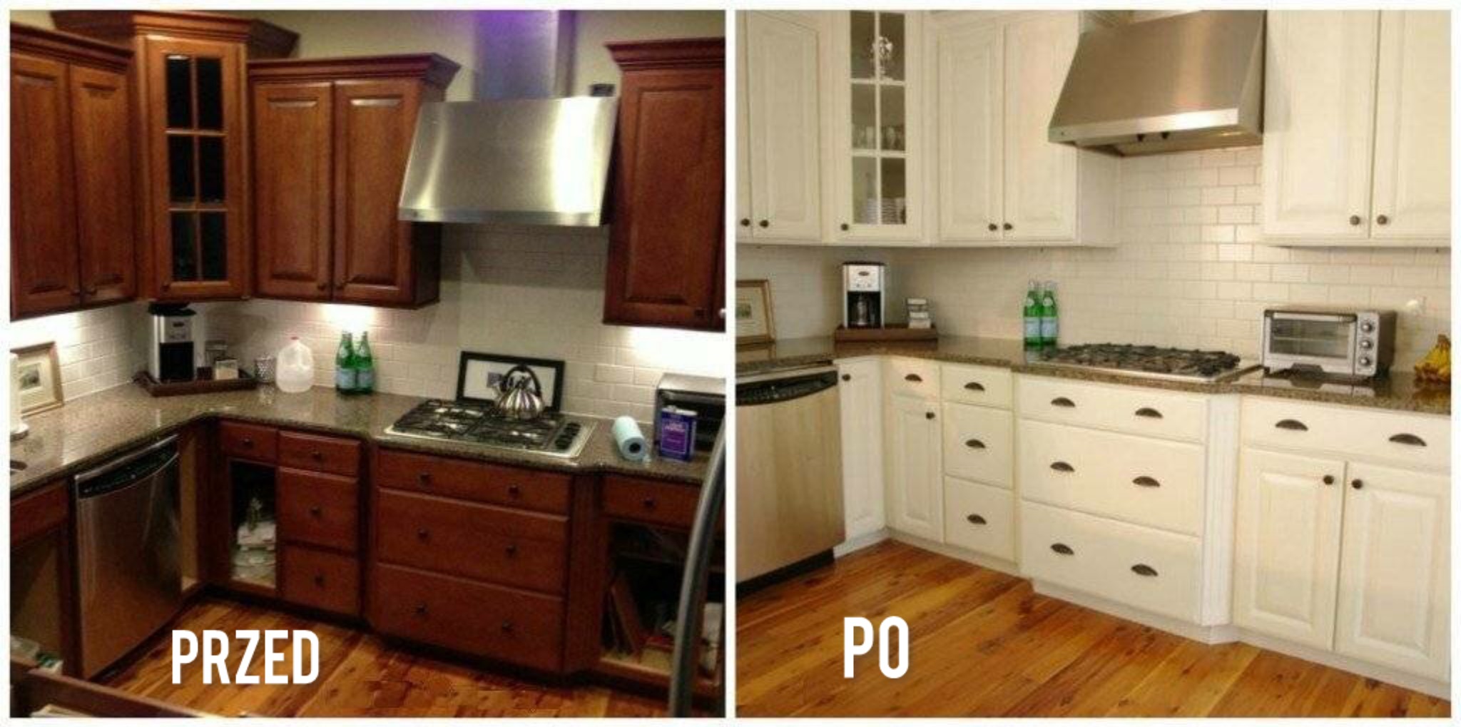 Zdjęcie 'przed i po' prezentujące metamorfozę kuchni: od ciemnych, drewnianych szafek do jasnych, białych, z zachowaniem układu i sprzętów. Widoczne zmiany w kolorystyce i stylu.
