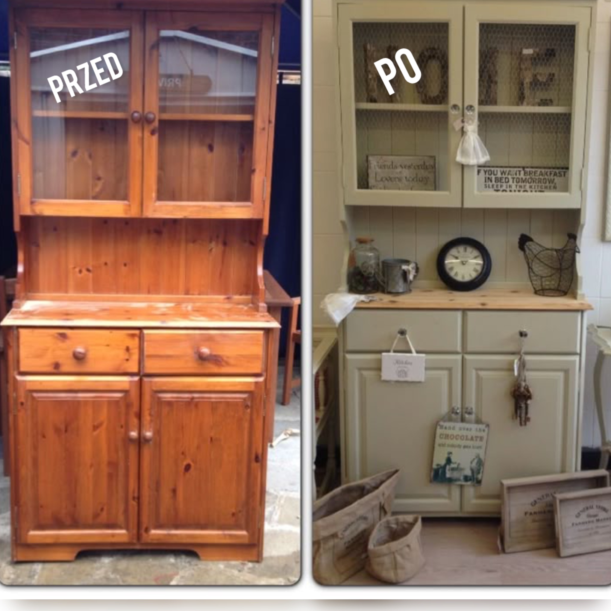 Drewniana witryna kuchenna przed renowacją (naturalne drewno) i po renowacji (pomalowana na szaro). Widoczne detale dekoracyjne po renowacji. Zdjęcie typu 'przed i po'.