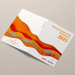 Otwarty katalog produktów biurowych na rok 2023, z abstrakcyjnym pomarańczowo-szarym wzorem na okładce i logo firmy Biurex