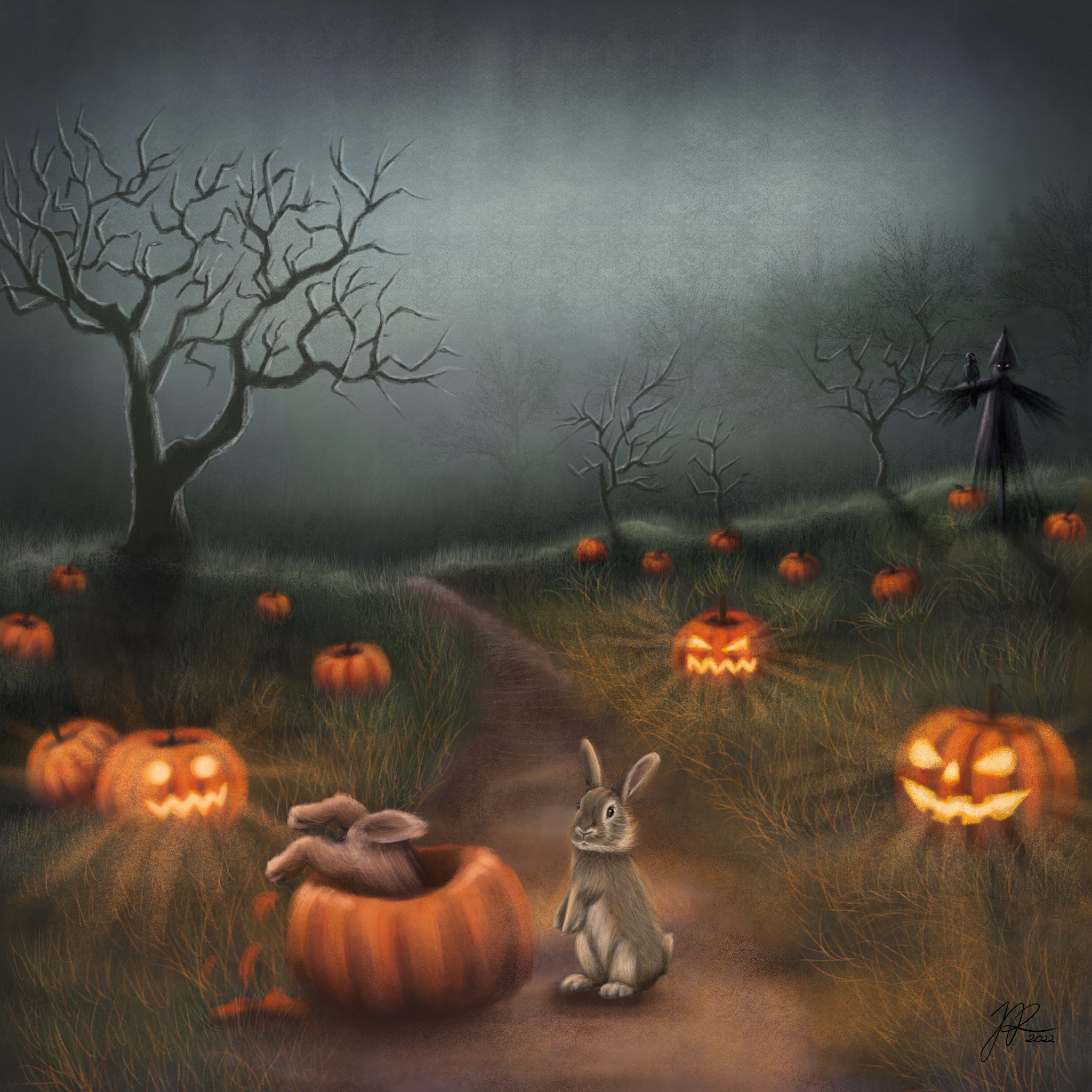 Ilustracja cyfrowa przedstawiająca króliki w jesiennym krajobrazie z dyniami, strachem na wróble i nagimi drzewami we mgle, w stylu fantasy