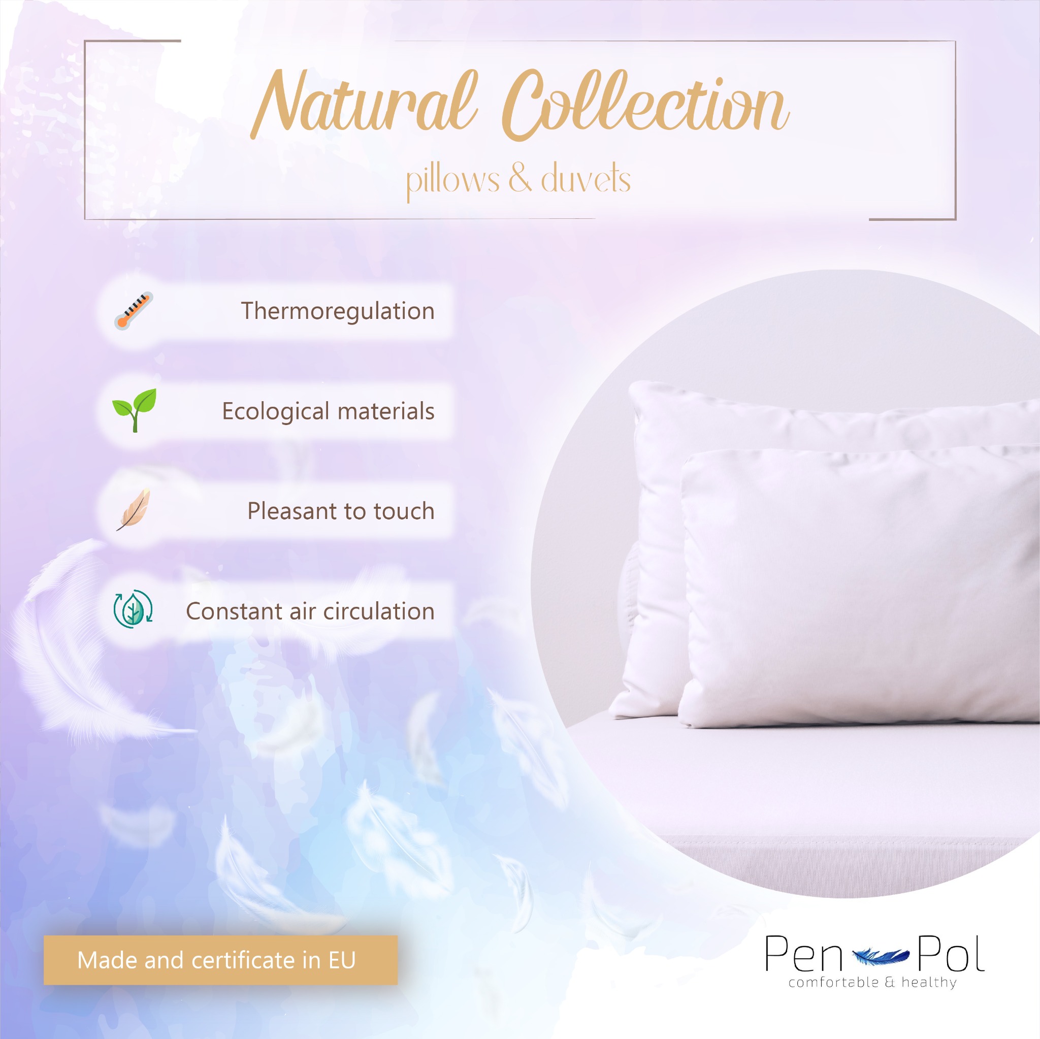 Grafika reklamowa kolekcji naturalnych poduszek i kołder z informacjami o termoregulacji, ekologicznych materiałach, przyjemności w dotyku i stałej cyrkulacji powietrza, wyprodukowanych w UE,...