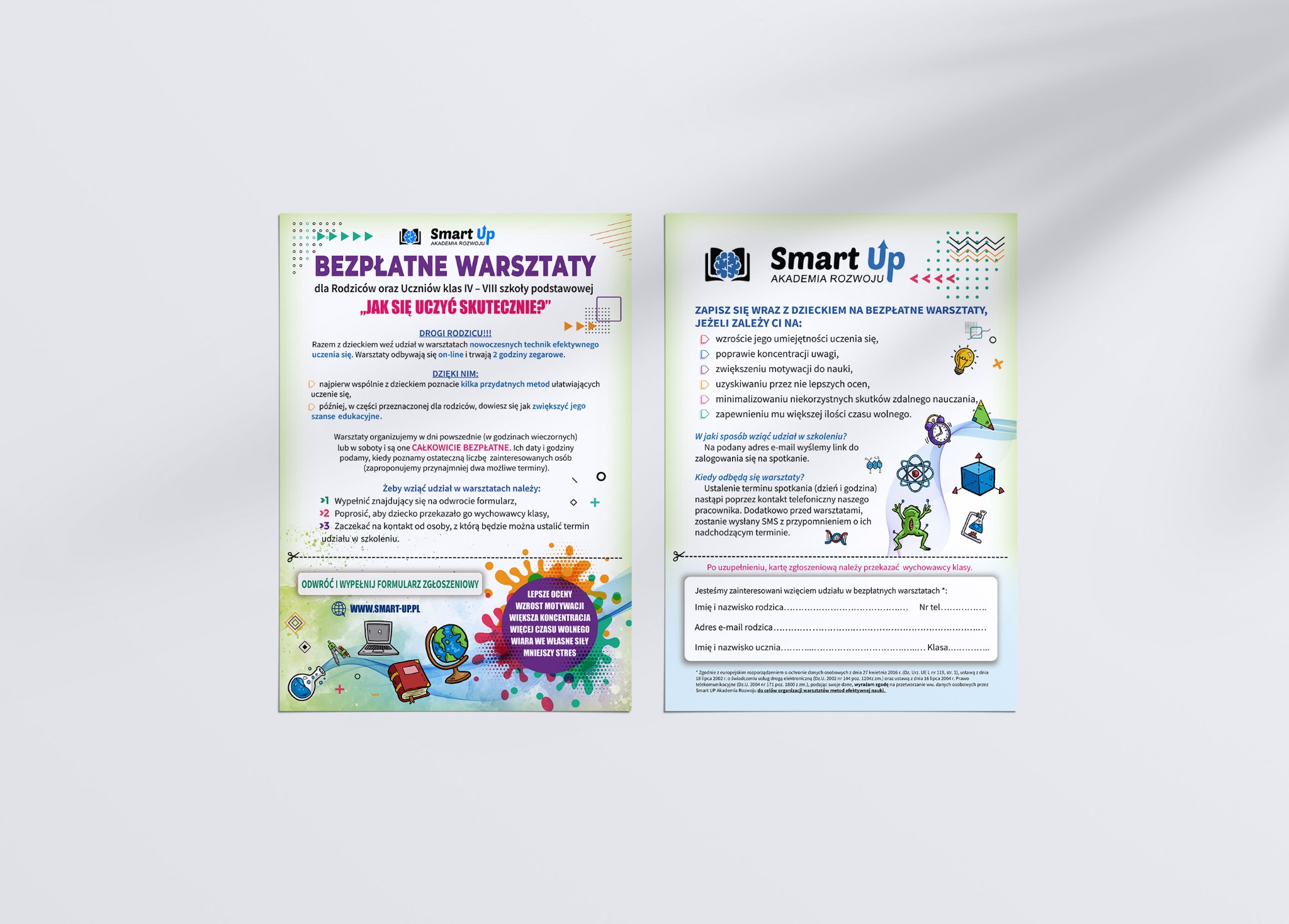 Plakat reklamujący bezpłatne warsztaty dla rodziców i uczniów klas IV-VIII dotyczące efektywnych metod uczenia się, organizowane przez Smart Up Akademia Rozwoju, z informacją o zapisach online...