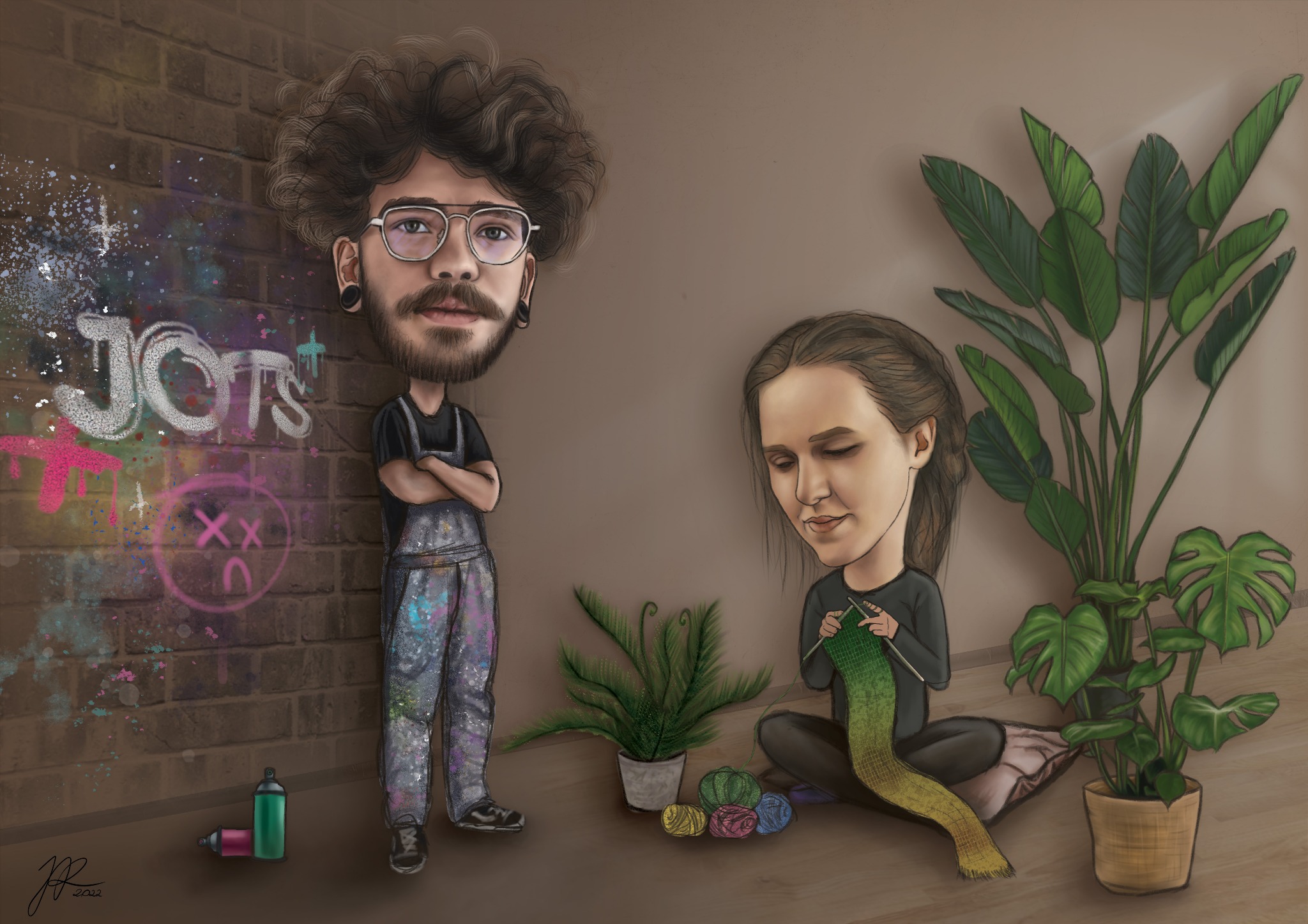 Ilustracja cyfrowa przedstawiająca parę: mężczyzna z brodą i okularami stoi obok ściany z graffiti, a kobieta siedzi na podłodze i robi na drutach, otoczona roślinami doniczkowymi i kolorowymi...