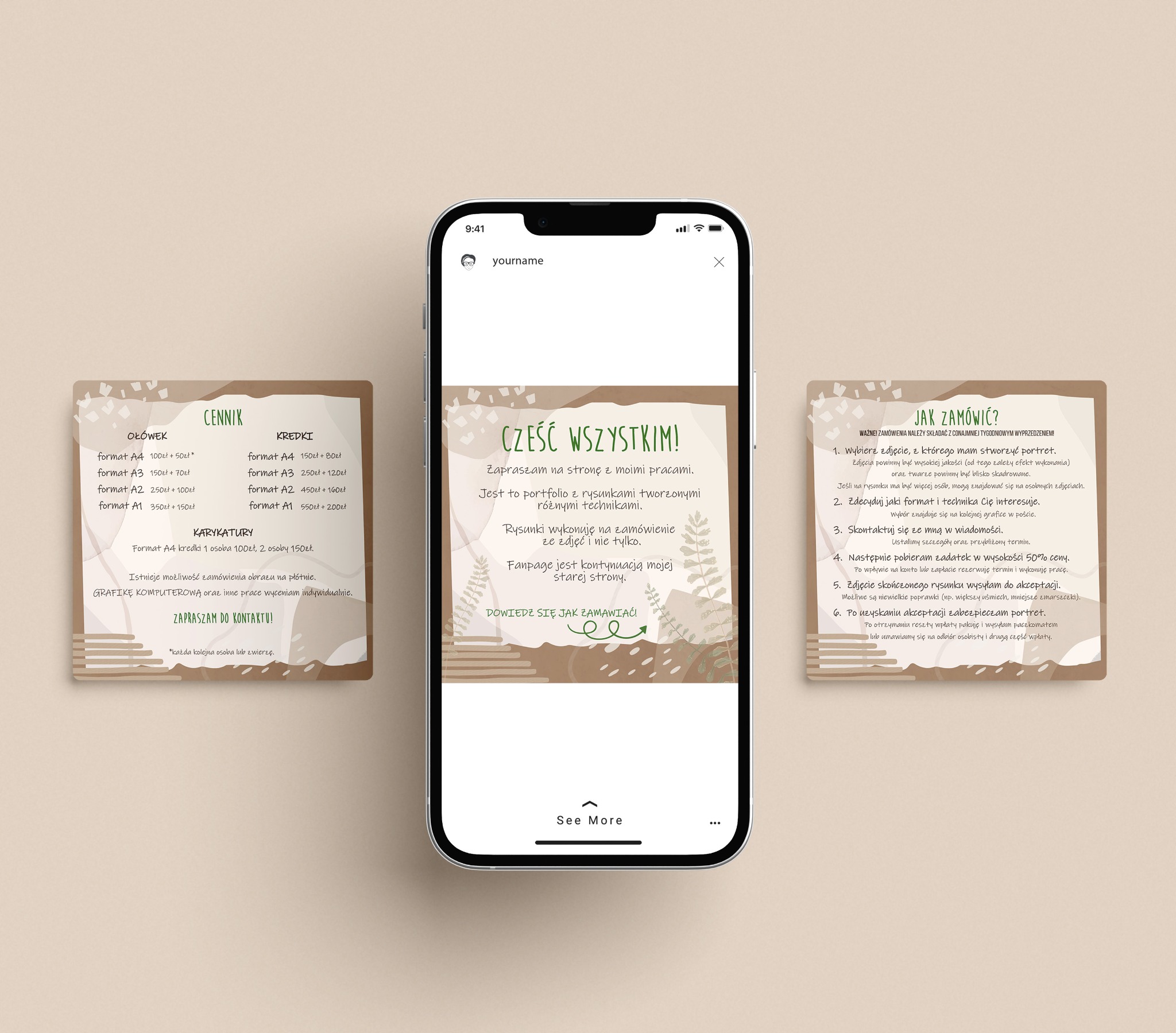 Zrzut ekranu telefonu prezentujący post na Instagramie z ofertą tworzenia portretów i rysunków na zamówienie, zawierający cennik, opis procesu zamawiania i zaproszenie do kontaktu.
