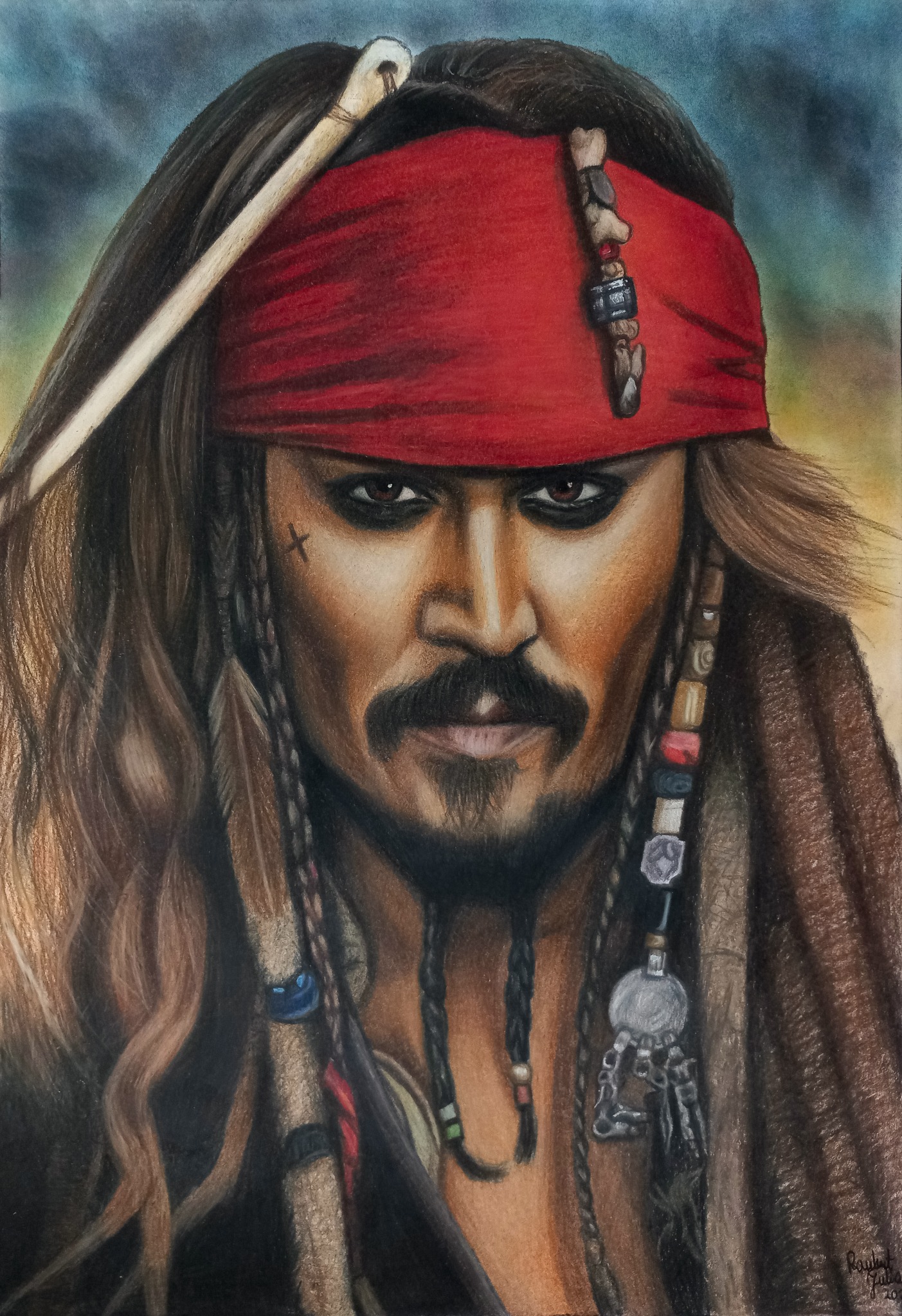 Portret rysunkowy Jacka Sparrowa z charakterystyczną czerwoną bandaną, dredami z koralikami i lekkim uśmiechem, wykonany kredkami na papierze.